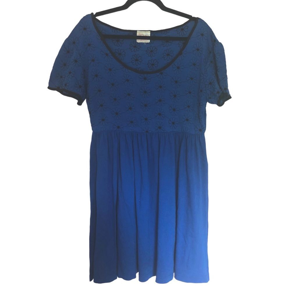 Vintage Petite Lanz Daisy Patterned Knee Length Dress in Blue & Black
